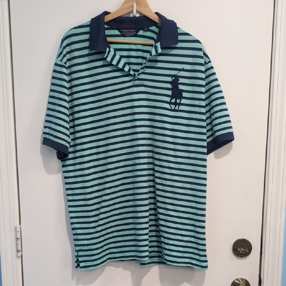 Ralph Lauren Polo Golf Pro Fit Navy Striped Shirt Big Pony Size XL Pima Cotton